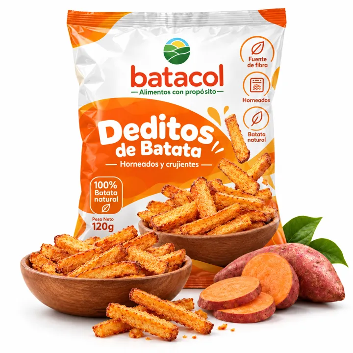 Bolsa de deditos de batata horneados Batacol de 120 g junto a un tazón