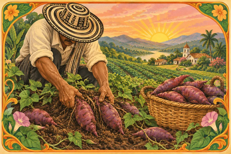 Ilustración estilo etiqueta: agricultor con sombrero vueltiao cosechando batatas al amanecer
