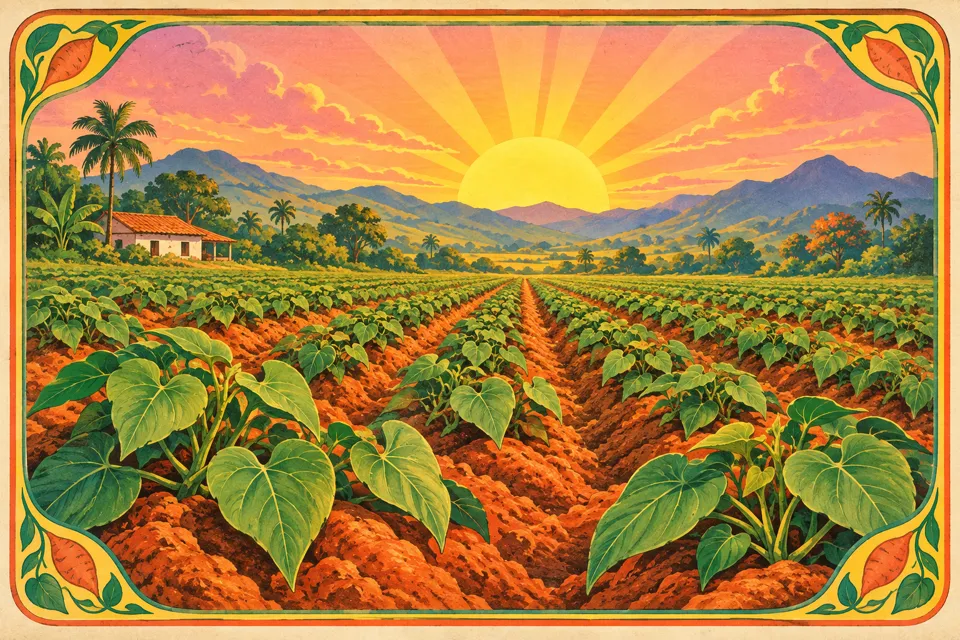 Ilustración estilo etiqueta: cultivo de batata al amanecer