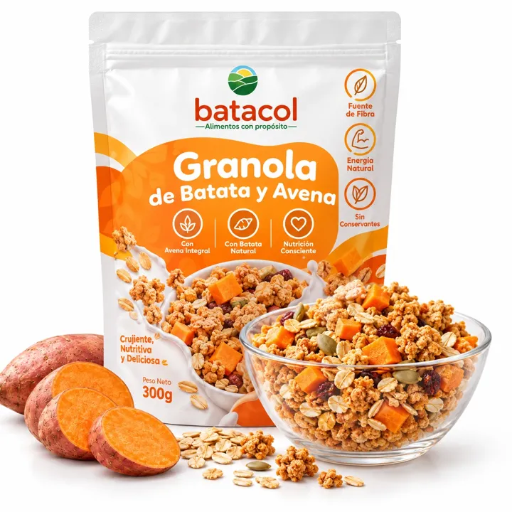 Bolsa de granola de batata y avena Batacol de 300 g junto a un tazón