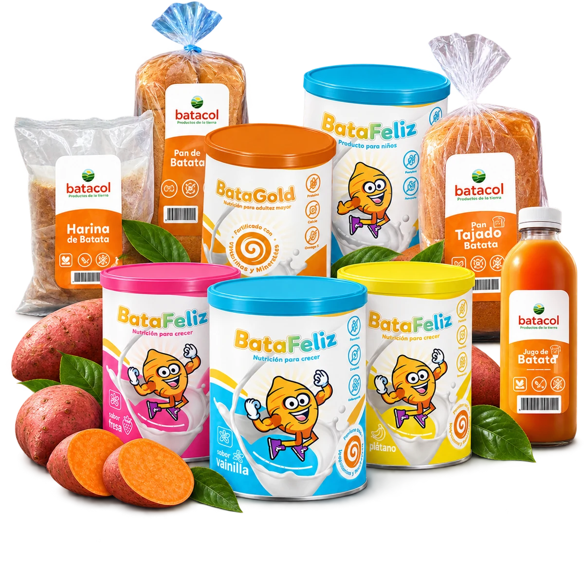 Portafolio Batacol: BataFeliz, BataGold, pan y harina de batata, y jugo de batata, junto a batatas frescas